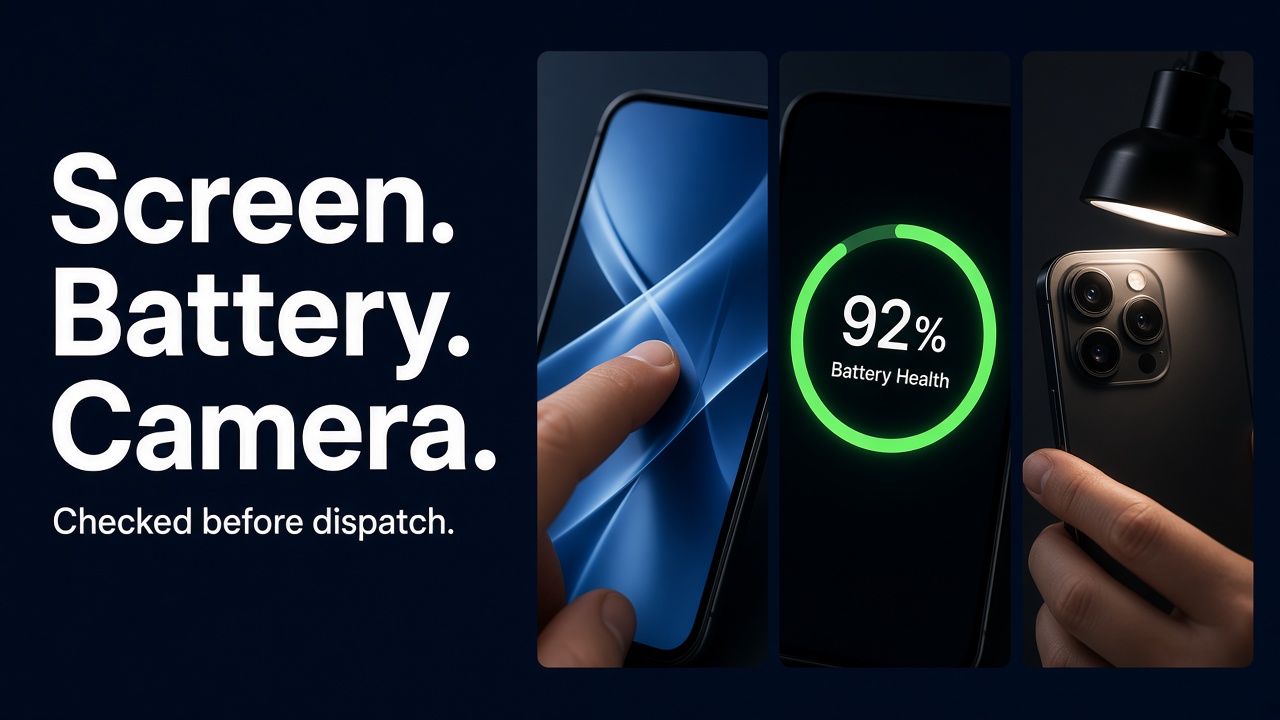 Screen, battery, and camera checked before a refurbished phone is dispatched.