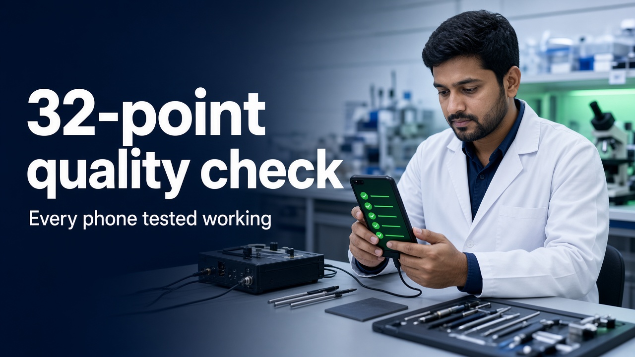 A technician running a 32-point quality check so every refurbished phone is tested and working.